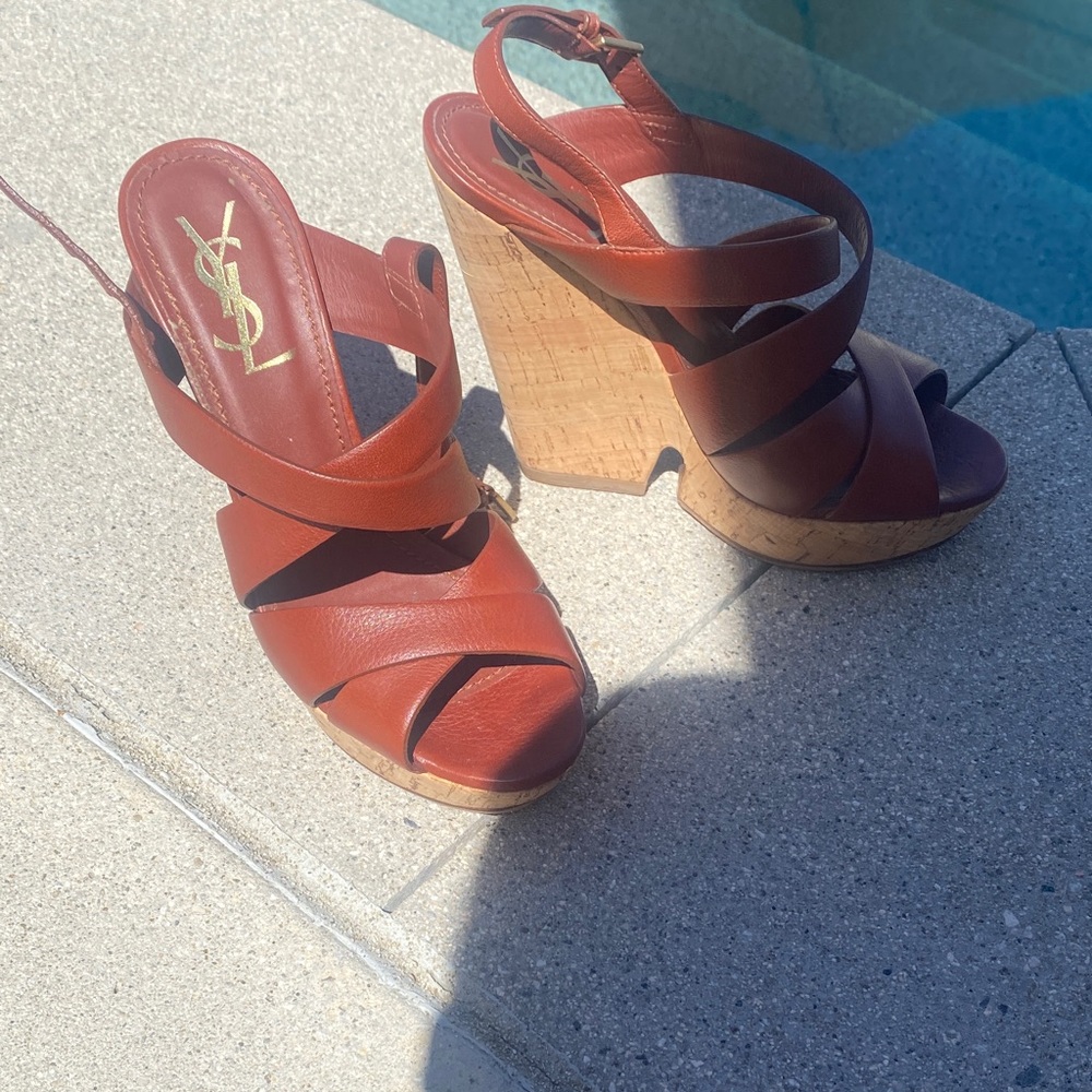 Saint Laurent Cognac Leather Cork Wedge Sandals - Picture 1 of 7